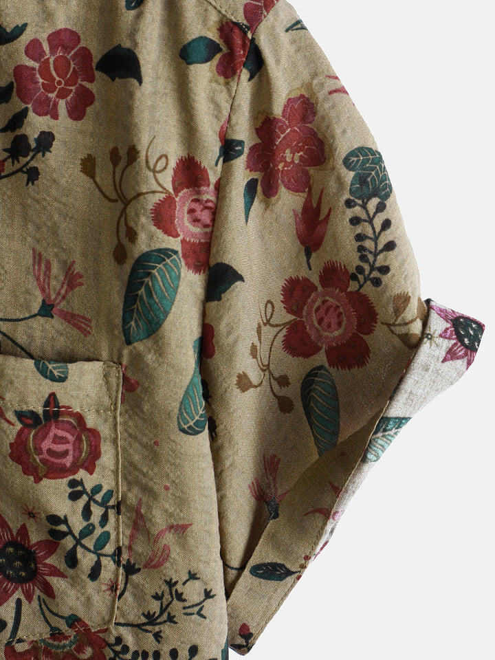 Chemise rétro légère à manches courtes à imprimé floral pour homme