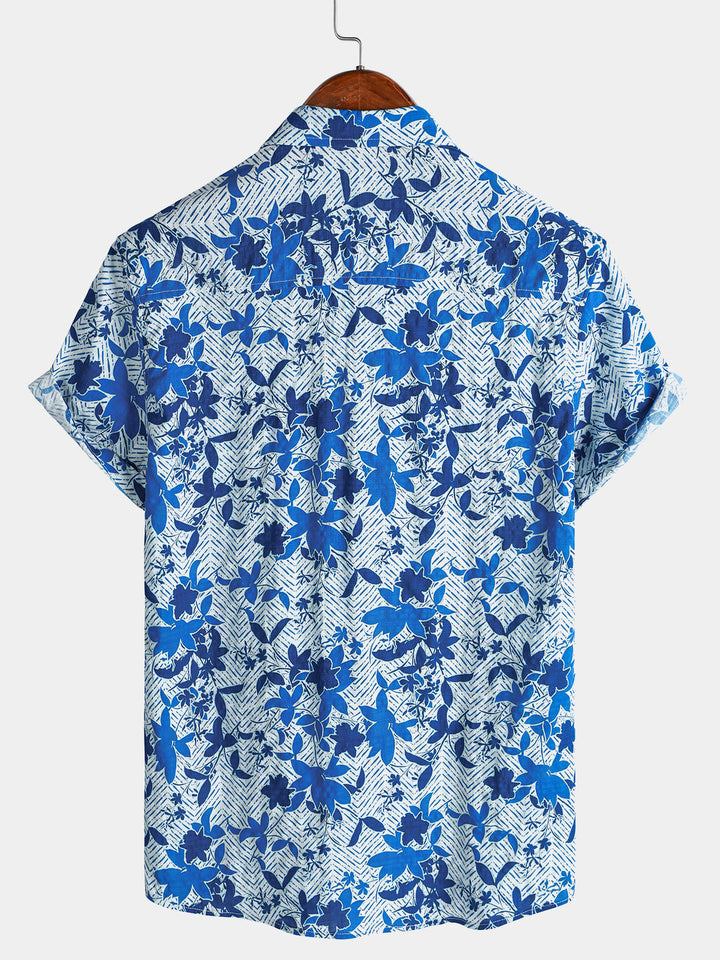 Chemise Homme Hawaïenne Plage Bleue à Imprimé Floral Légère et Respirante avec Poche Poitrine Manches Courtes