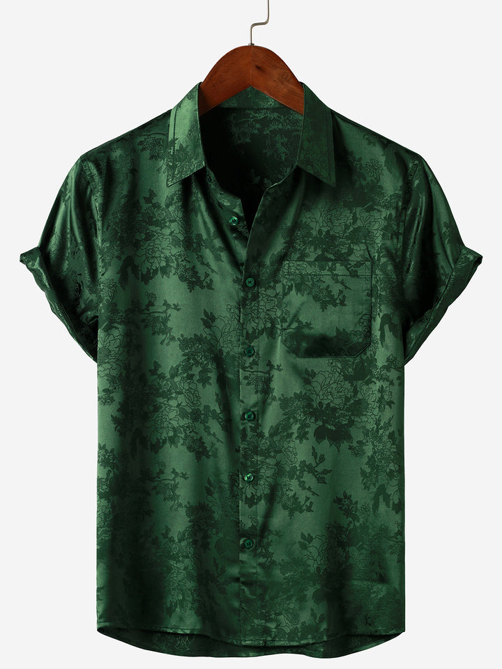 Chemise à manches courtes en satin de soie avec poche jacquard pour hommes