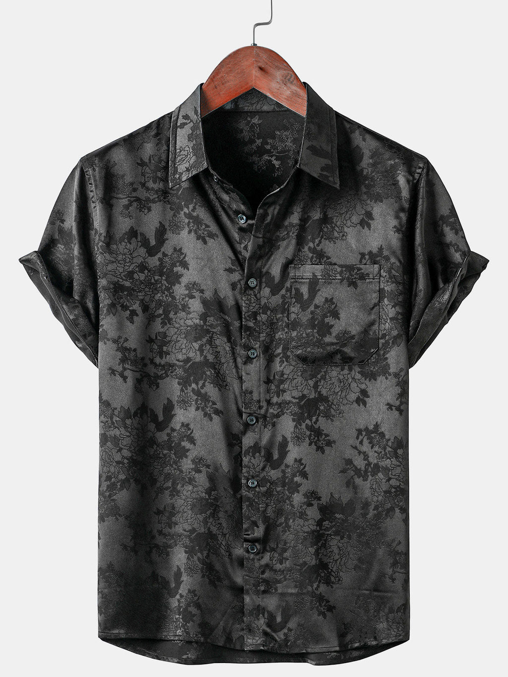 Chemise décontractée à manches courtes en satin de soie jacquard pour hommes avec poche florale