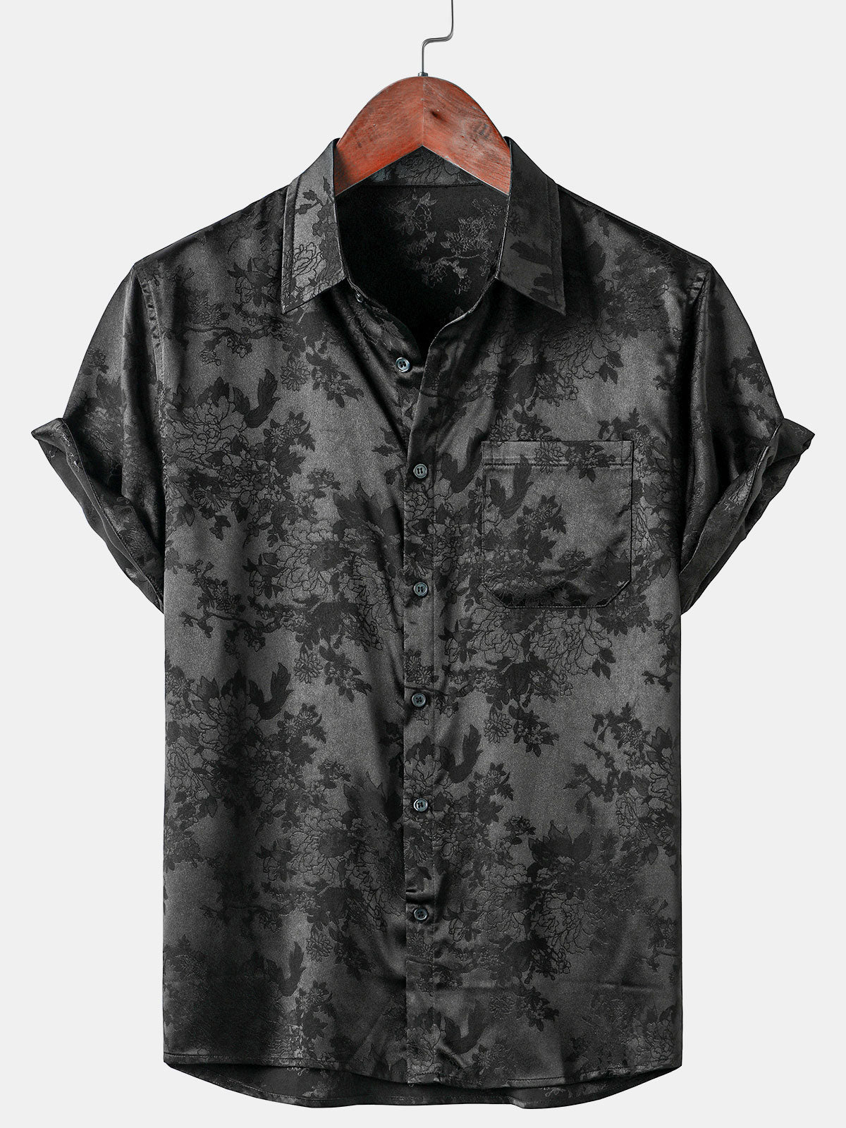 Chemise décontractée à manches courtes en satin de soie jacquard pour hommes avec poche florale