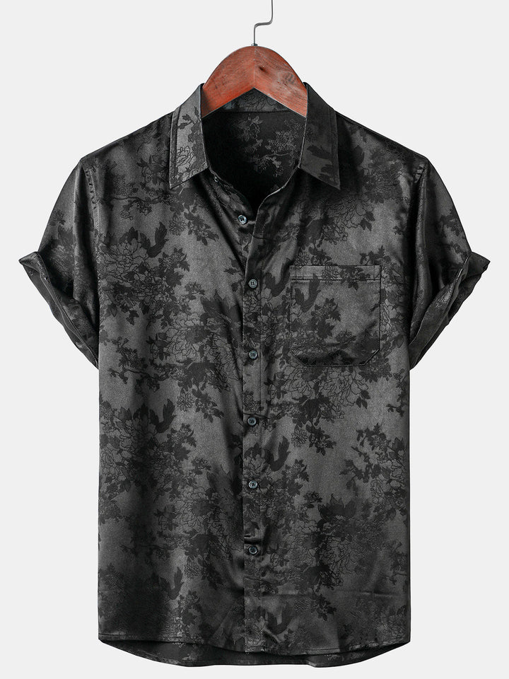 Chemise décontractée à manches courtes en satin de soie jacquard pour hommes avec poche florale