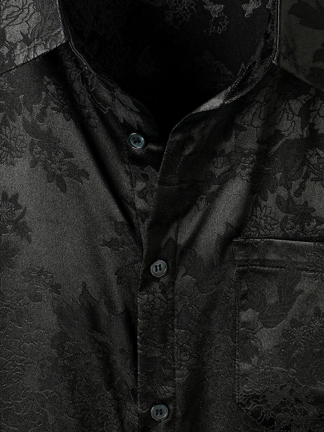 Chemise décontractée à manches courtes en satin de soie jacquard pour hommes avec poche florale
