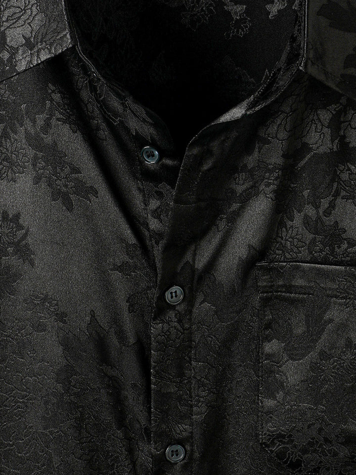 Chemise décontractée à manches courtes en satin de soie jacquard pour hommes avec poche florale