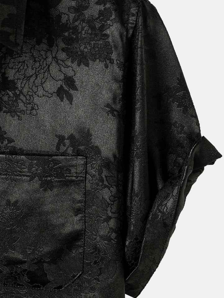 Chemise décontractée à manches courtes en satin de soie jacquard pour hommes avec poche florale