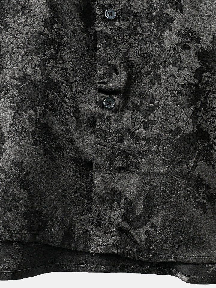 Chemise décontractée à manches courtes en satin de soie jacquard pour hommes avec poche florale