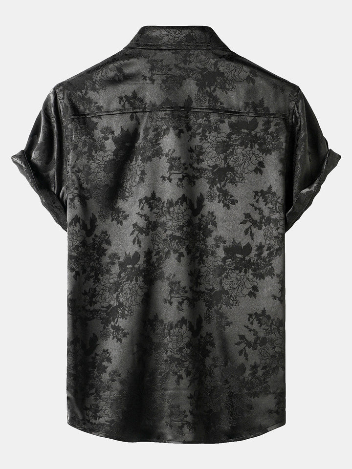 Chemise décontractée à manches courtes en satin de soie jacquard pour hommes avec poche florale