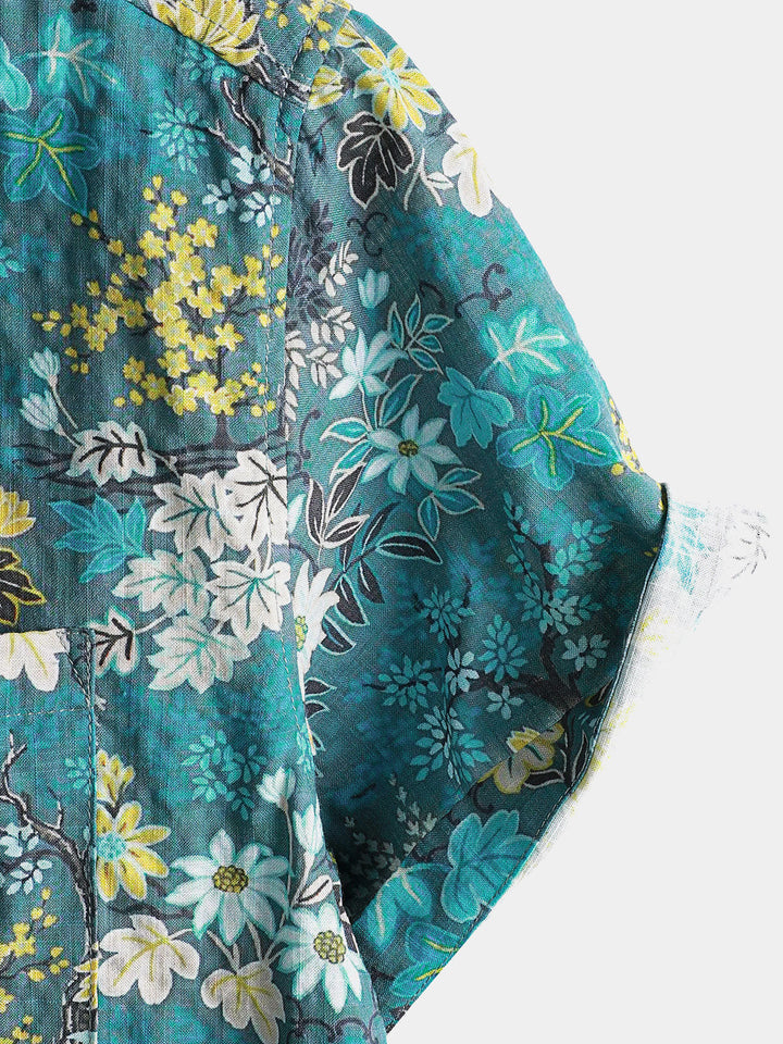 Chemise Homme Hawaïenne Tropicale Blanche et Jaune à Imprimé Floral avec Poche Poitrine Manches Courtes