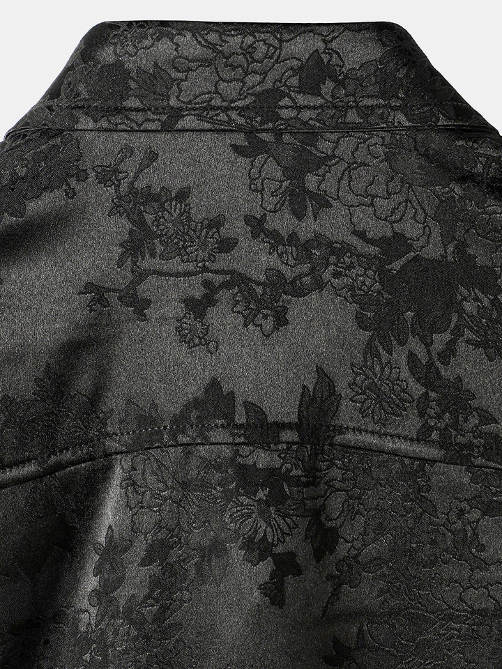 Chemise décontractée à manches courtes en satin de soie jacquard pour hommes avec poche florale