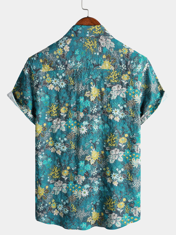 Chemise Homme Hawaïenne Tropicale Blanche et Jaune à Imprimé Floral avec Poche Poitrine Manches Courtes