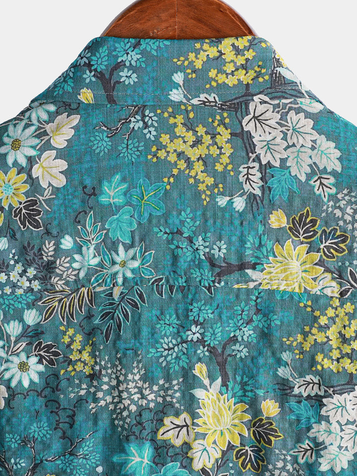 Chemise Homme Hawaïenne Tropicale Blanche et Jaune à Imprimé Floral avec Poche Poitrine Manches Courtes