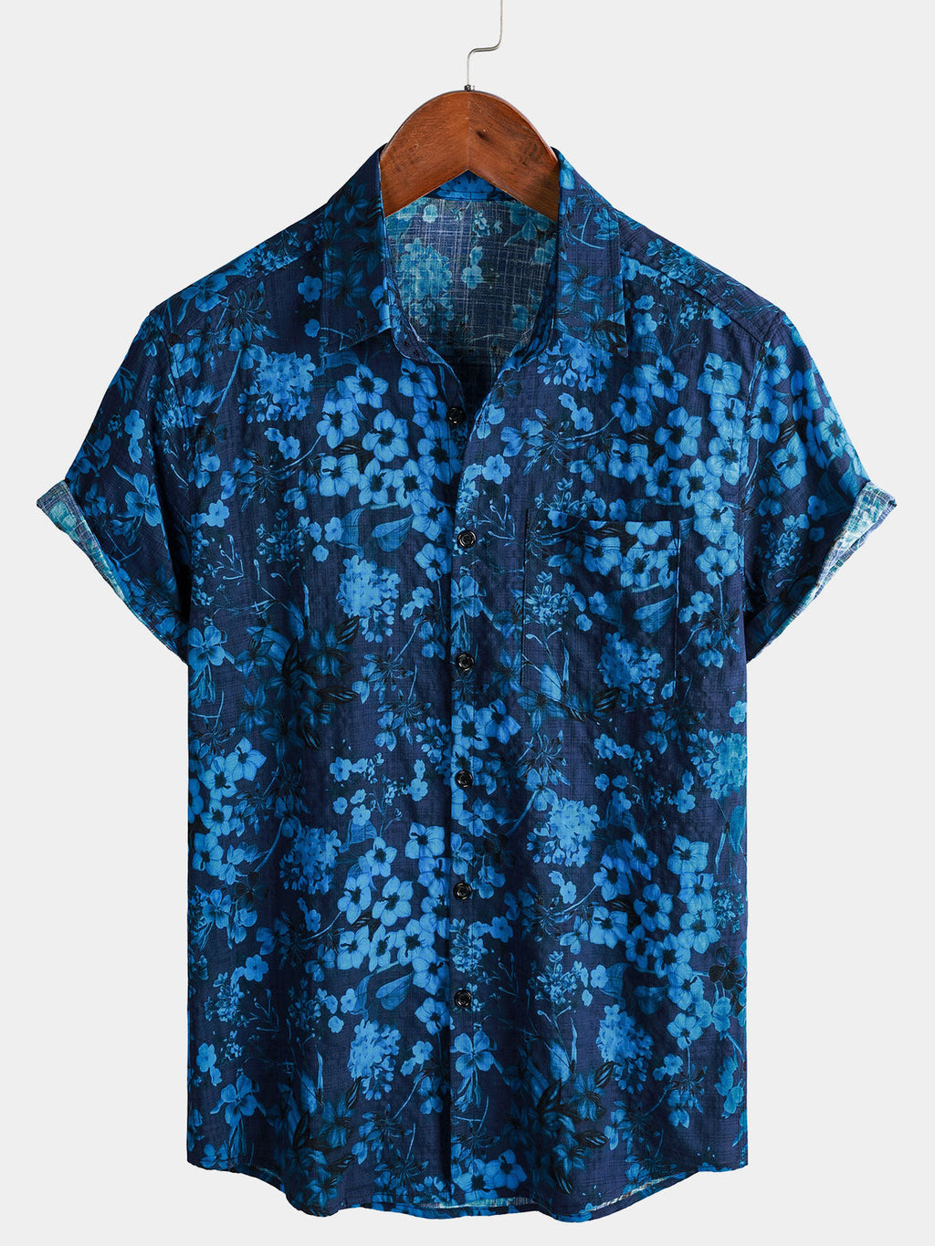 Chemise Homme Hawaïenne Vintage Bleu Foncé à Imprimé Floral avec Poche Poitrine Manches Courtes