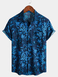 Chemise Homme Hawaïenne Vintage Bleu Foncé à Imprimé Floral avec Poche Poitrine Manches Courtes