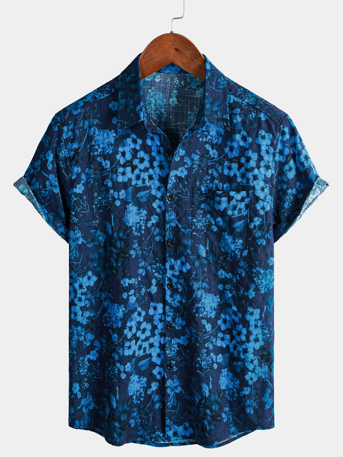 Chemise Homme Hawaïenne Vintage Bleu Foncé à Imprimé Floral avec Poche Poitrine Manches Courtes