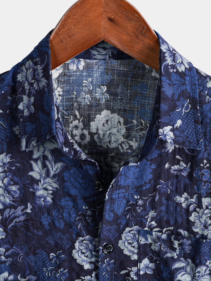 Chemise Homme Hawaïenne Bleue à Imprimé Floral en Coton Léger et Respirant avec Poche Poitrine Manches Courtes