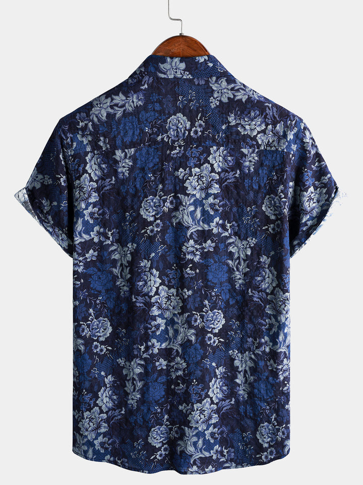 Chemise Homme Hawaïenne Bleue à Imprimé Floral en Coton Léger et Respirant avec Poche Poitrine Manches Courtes