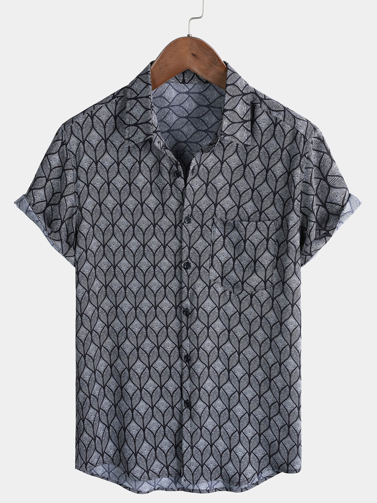Chemise à Manches Courtes avec Poche en Imprimé Géométrique Noir Rétro pour Homme