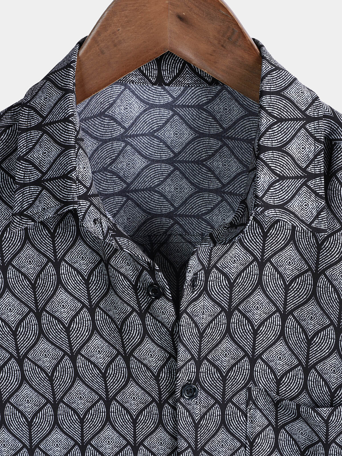 Chemise Homme Rétro Imprimé Géométrique Noir avec Poche à Manches Courtes