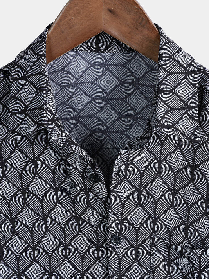Chemise Homme Rétro Imprimé Géométrique Noir avec Poche à Manches Courtes
