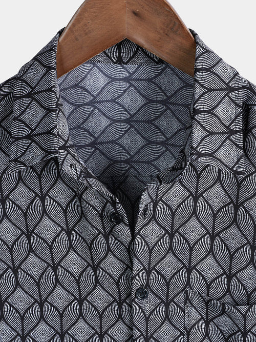 Chemise à Manches Courtes avec Poche en Imprimé Géométrique Noir Rétro pour Homme