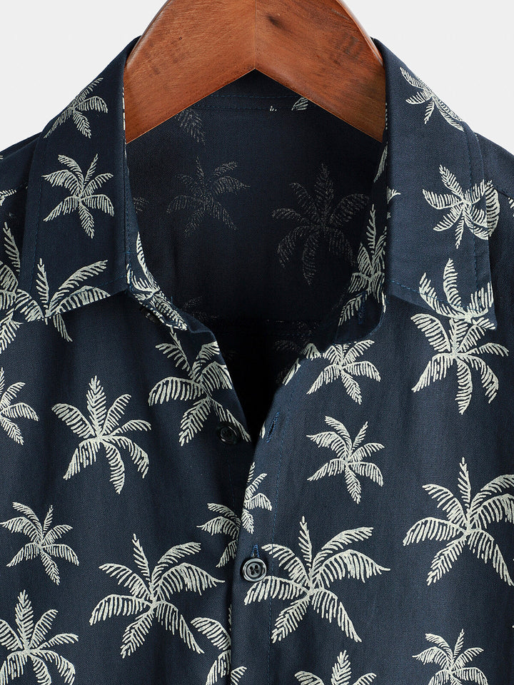 Chemise hawaïenne boutonnée à manches courtes en coton imprimé palmier bleu marine pour homme