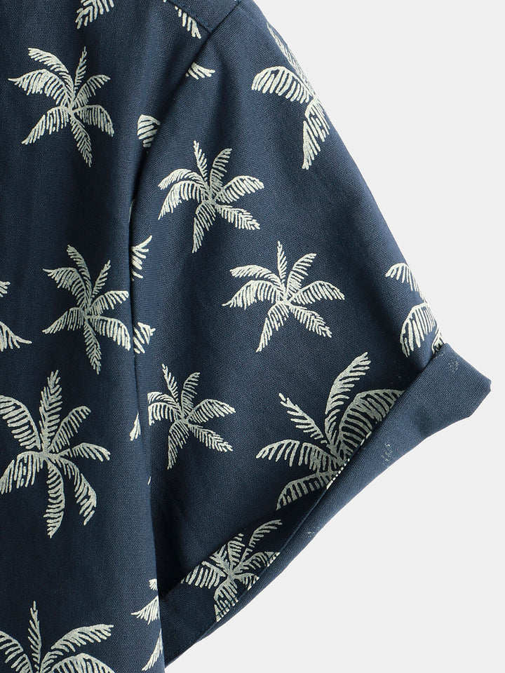 Chemise hawaïenne boutonnée à manches courtes en coton imprimé palmier bleu marine pour homme