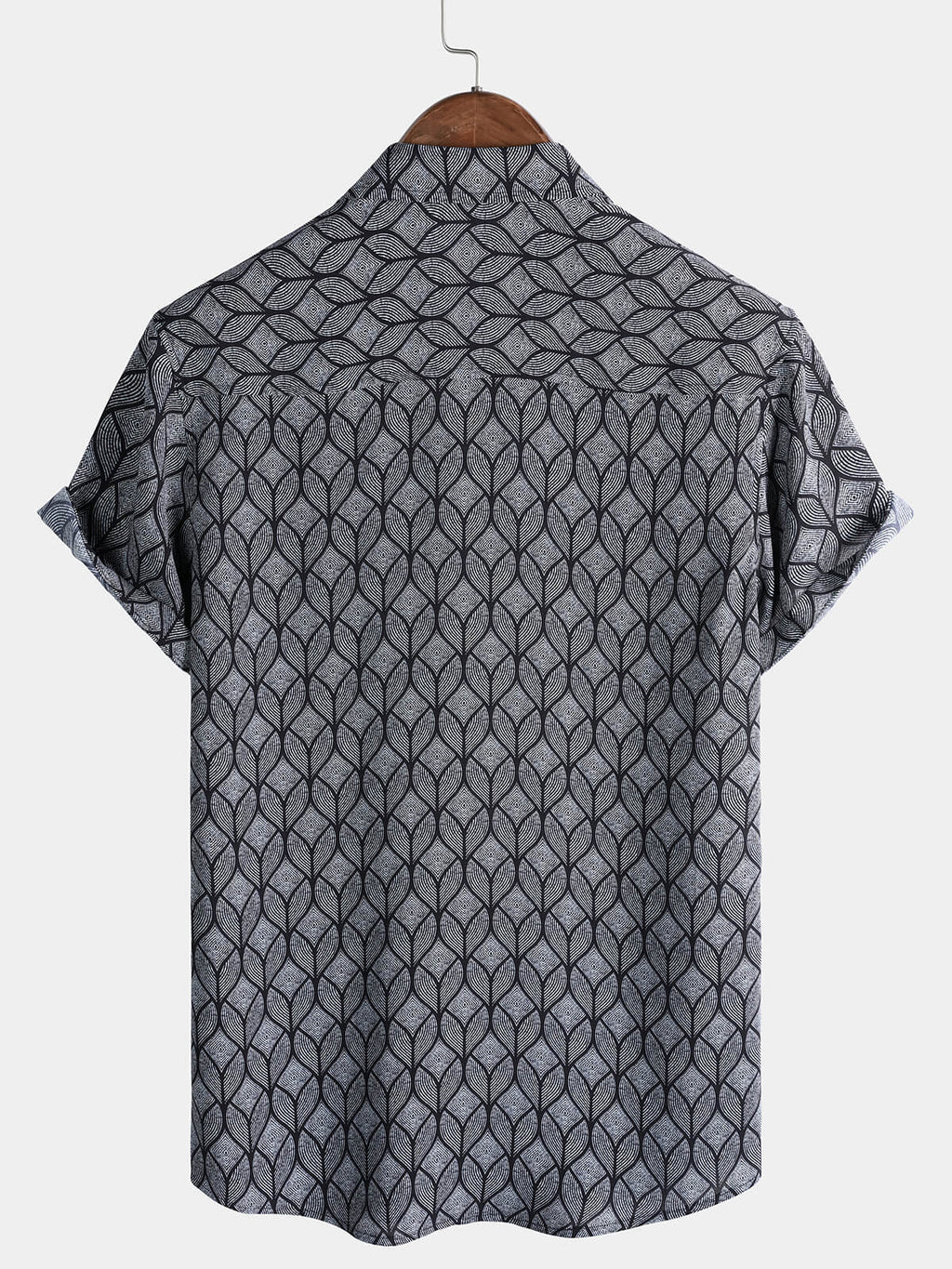 Chemise Homme Rétro Imprimé Géométrique Noir avec Poche à Manches Courtes