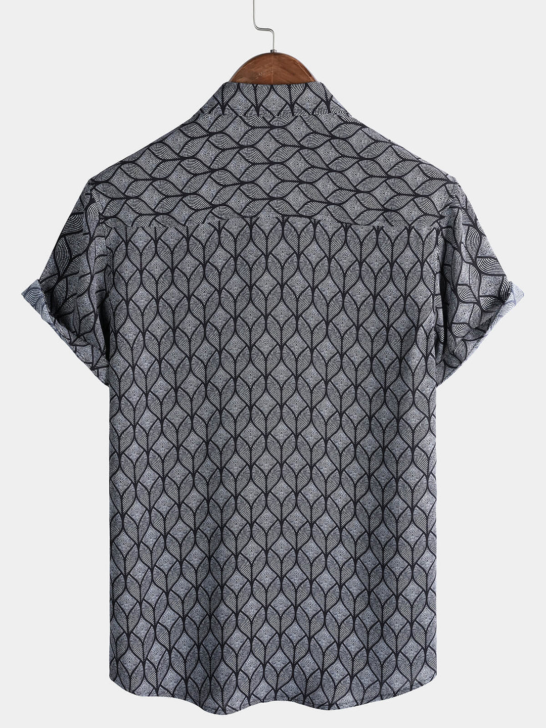 Chemise Homme Rétro Imprimé Géométrique Noir avec Poche à Manches Courtes