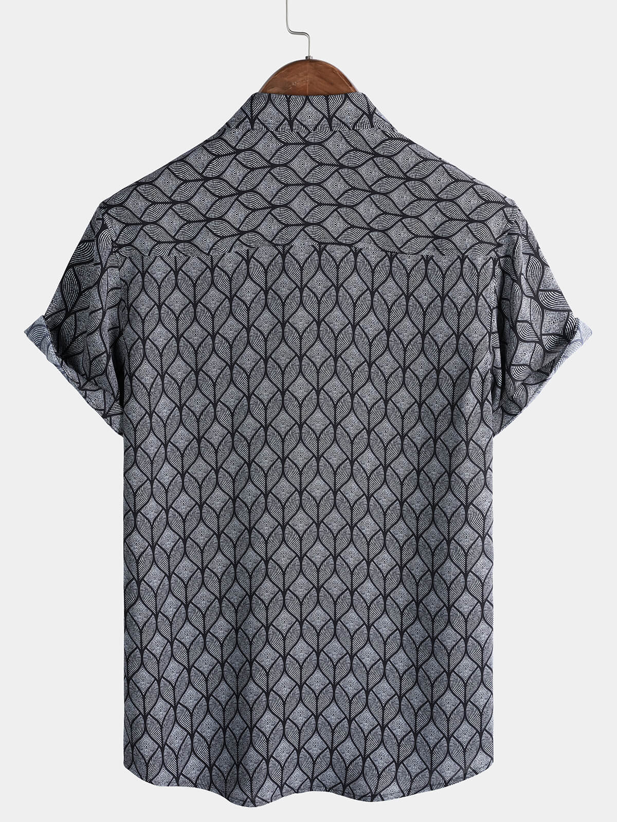 Chemise Homme Rétro Imprimé Géométrique Noir avec Poche à Manches Courtes