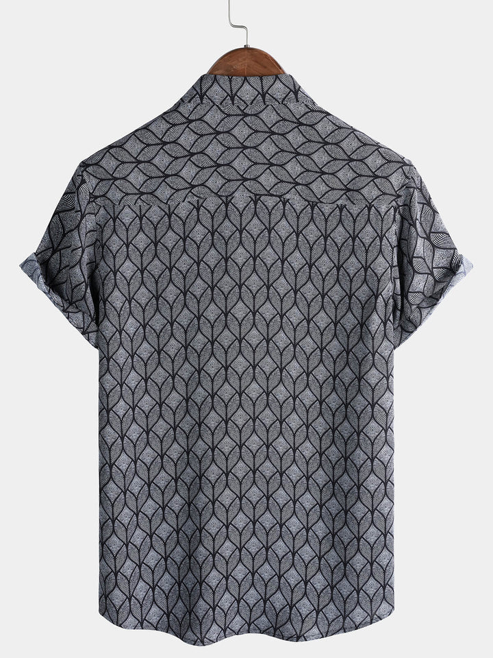 Chemise Homme Rétro Imprimé Géométrique Noir avec Poche à Manches Courtes