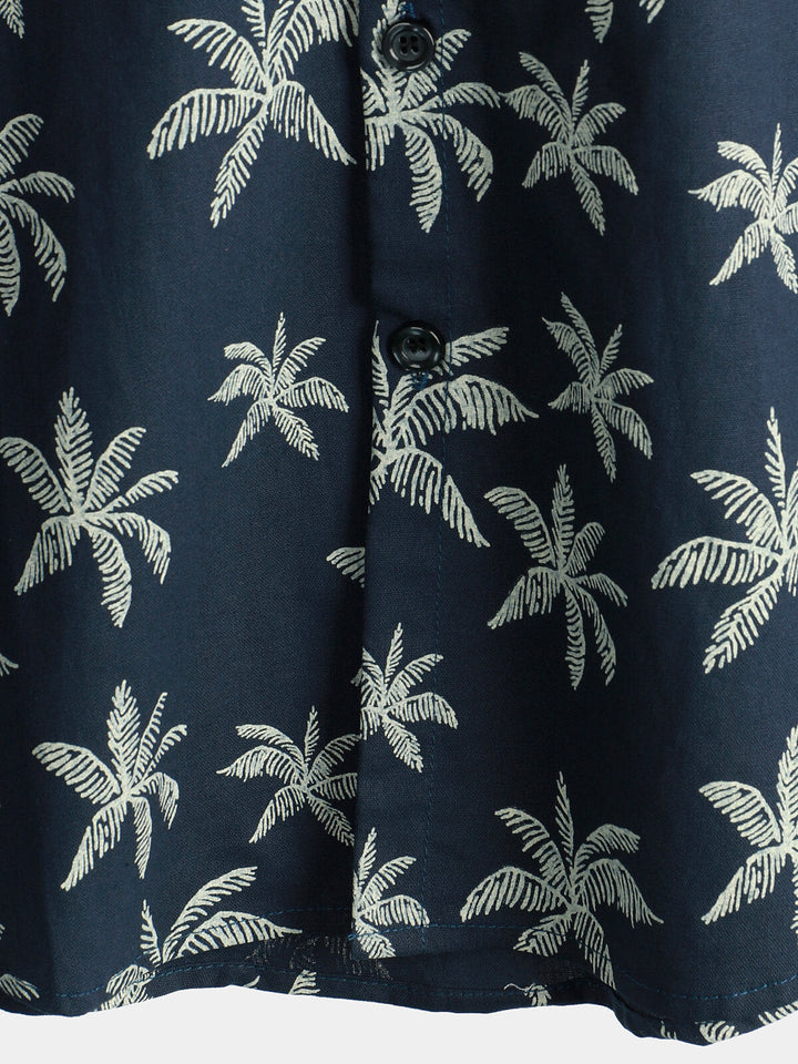 Chemise hawaïenne boutonnée à manches courtes en coton imprimé palmier bleu marine pour homme