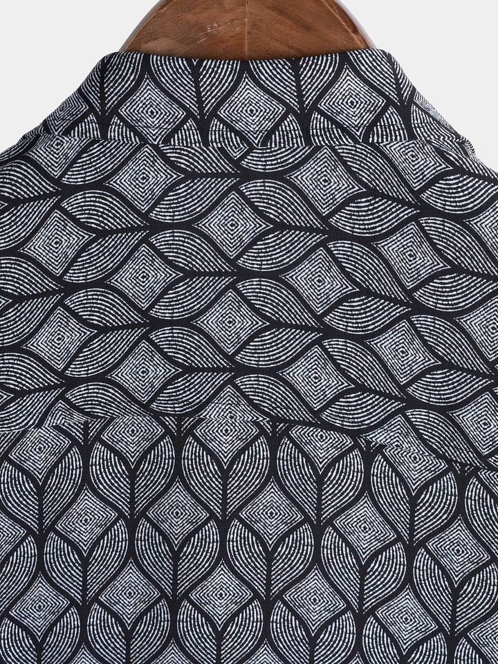 Chemise Homme Rétro Imprimé Géométrique Noir avec Poche à Manches Courtes
