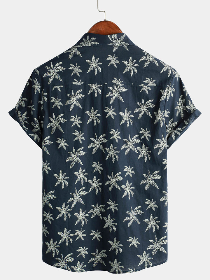 Chemise hawaïenne boutonnée à manches courtes en coton imprimé palmier bleu marine pour homme