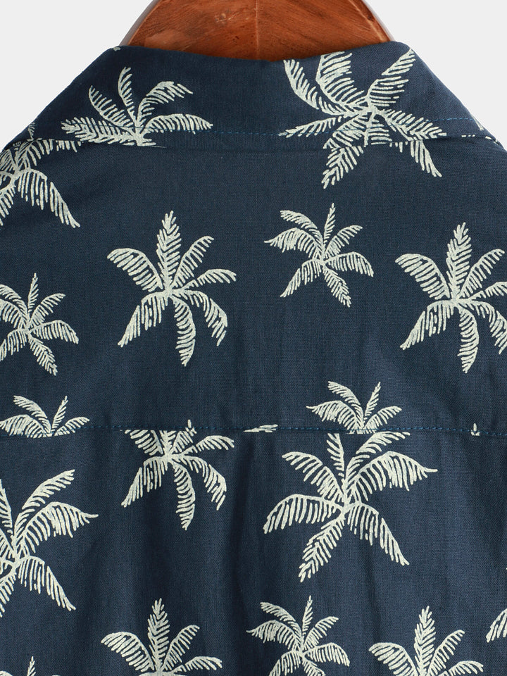 Chemise hawaïenne boutonnée à manches courtes en coton imprimé palmier bleu marine pour homme