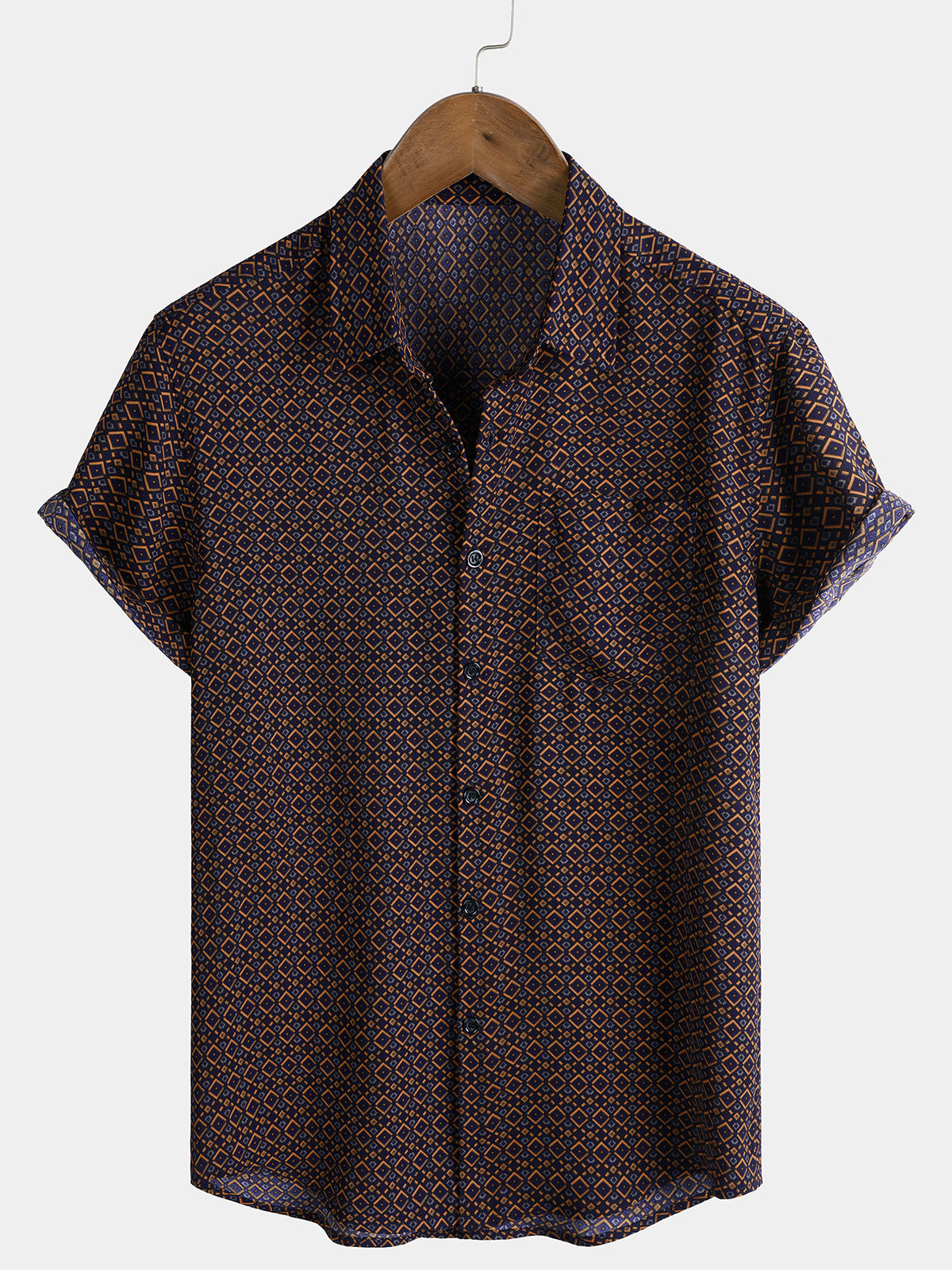 Chemise Homme Manches Courtes Bohème Décontractée à Imprimé Géométrique