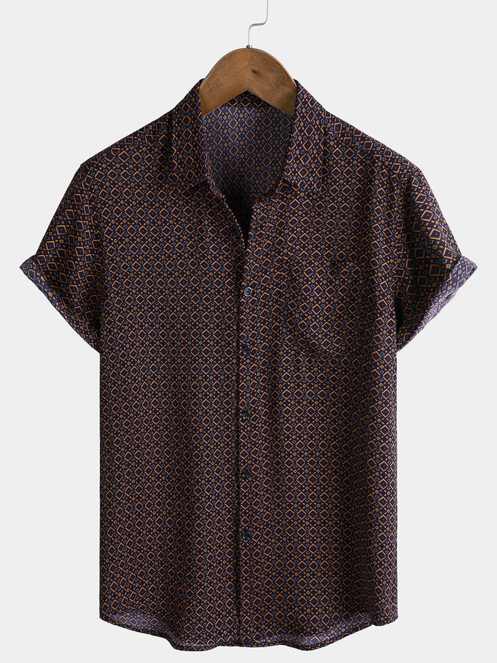 Chemise Homme Manches Courtes Bohème Décontractée à Imprimé Géométrique