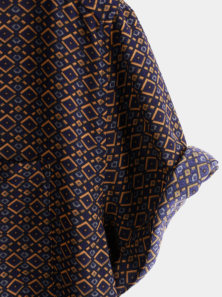 Chemise Homme Manches Courtes Bohème Décontractée à Imprimé Géométrique