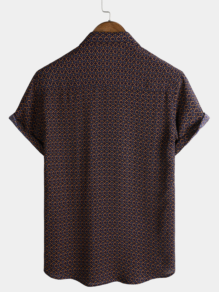 Chemise Homme Manches Courtes Bohème Décontractée à Imprimé Géométrique