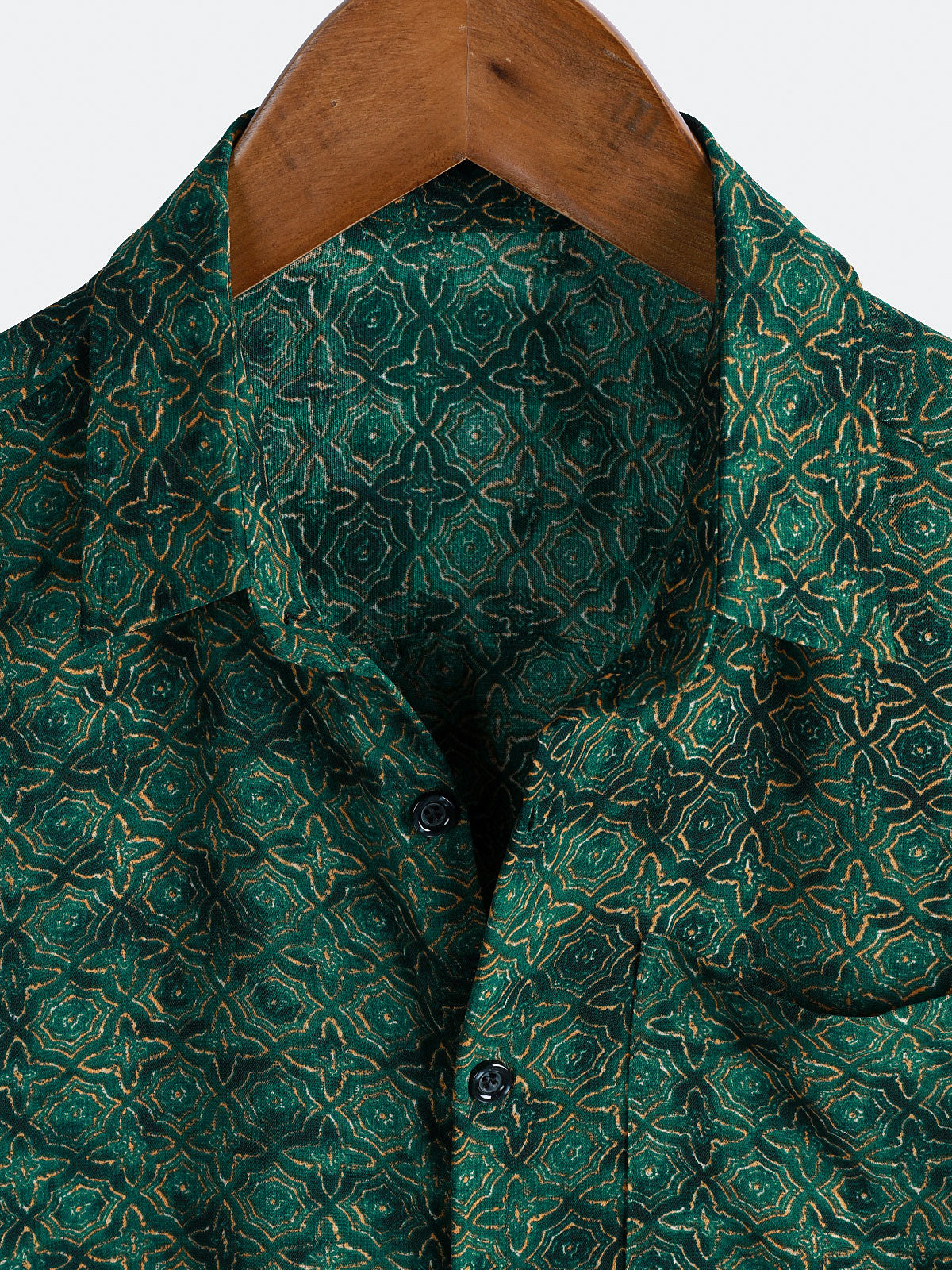 Chemise Homme Vintage Décontractée Imprimé Géométrique Vert à Manches Courtes