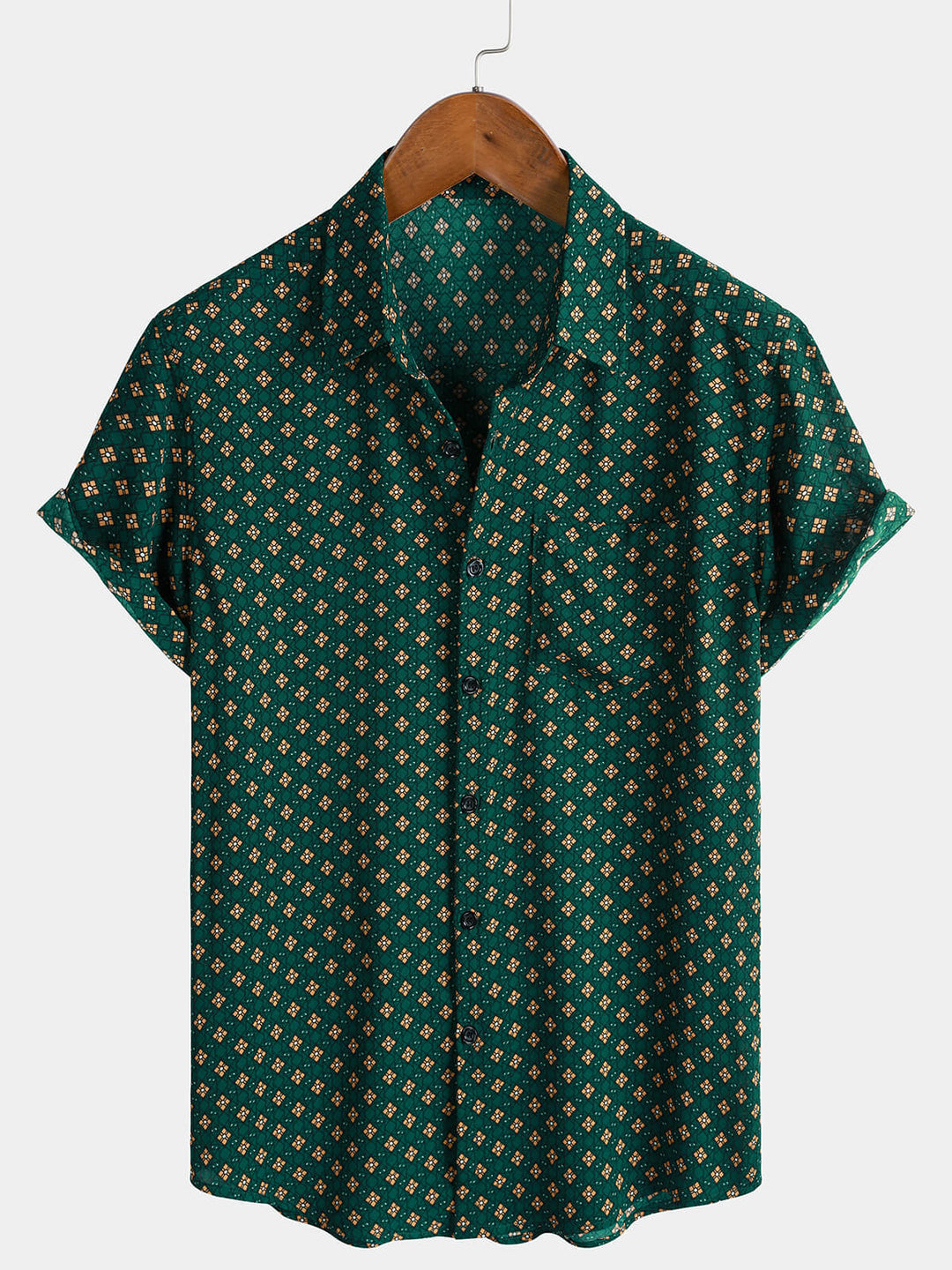 Chemise Homme Manches Courtes Bohème Décontractée à Motif Losanges Vert