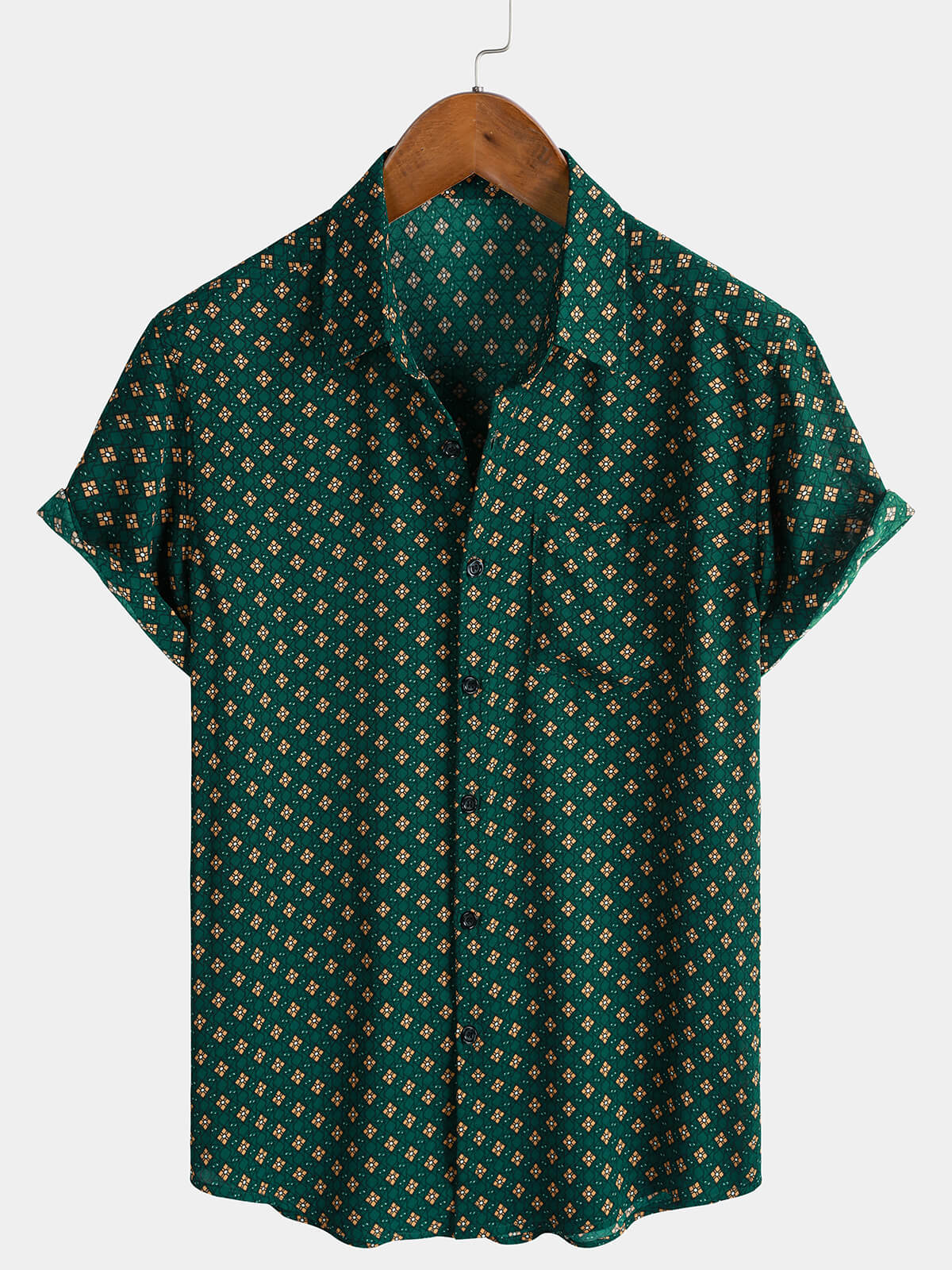 Chemise Homme Manches Courtes Bohème Décontractée à Motif Losanges Vert