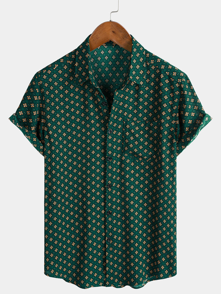 Chemise Homme Manches Courtes Bohème Décontractée à Motif Losanges Vert