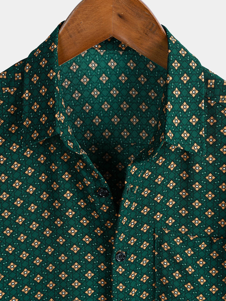 Chemise Homme Manches Courtes Bohème Décontractée à Motif Losanges Vert