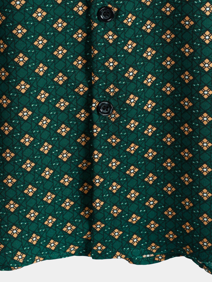 Chemise Homme Manches Courtes Bohème Décontractée à Motif Losanges Vert