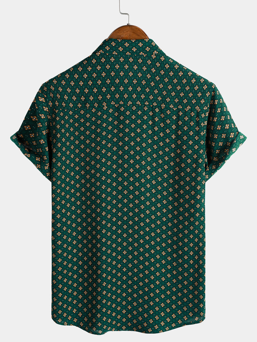 Chemise Homme Manches Courtes Bohème Décontractée à Motif Losanges Vert