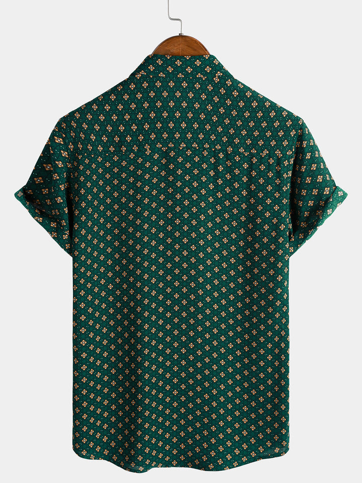Chemise Homme Manches Courtes Bohème Décontractée à Motif Losanges Vert