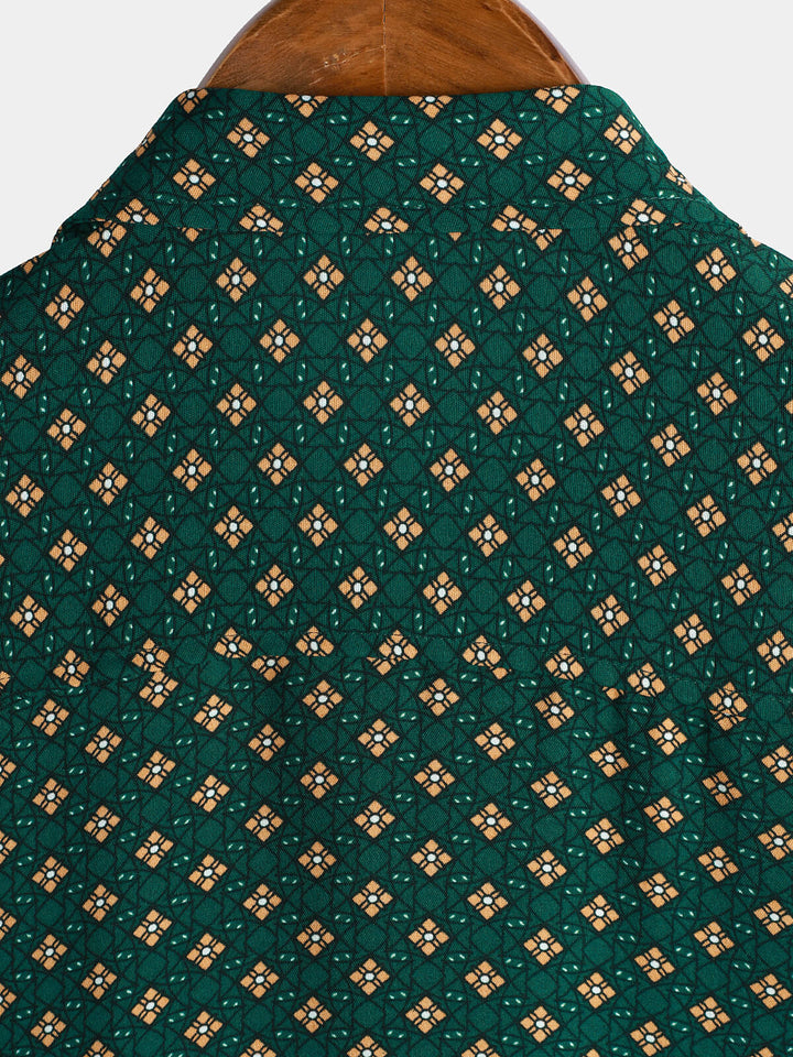 Chemise Homme Manches Courtes Bohème Décontractée à Motif Losanges Vert