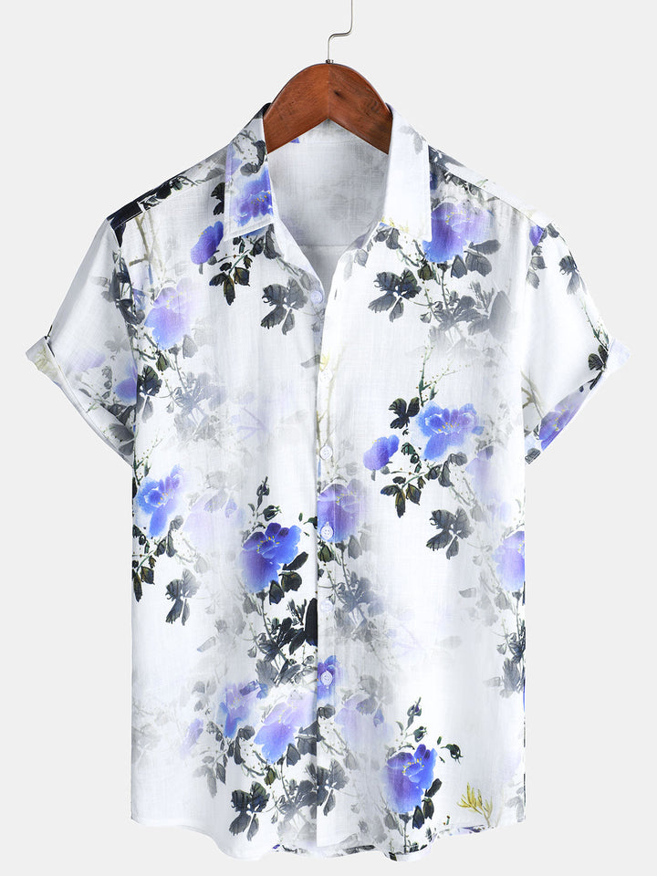 Chemise décontractée à manches courtes en coton pour homme, imprimé floral, idéal pour les vacances et l&