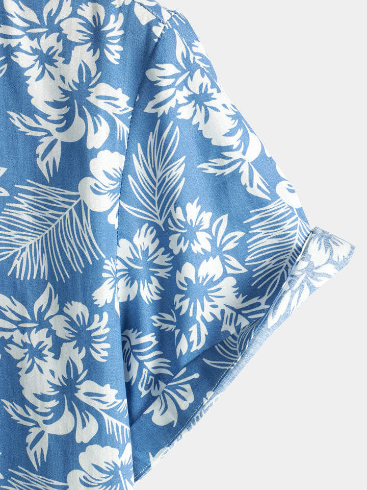 Chemise de plage boutonnée à manches courtes en coton avec feuilles de plantes tropicales bleues pour hommes Aloha Resort