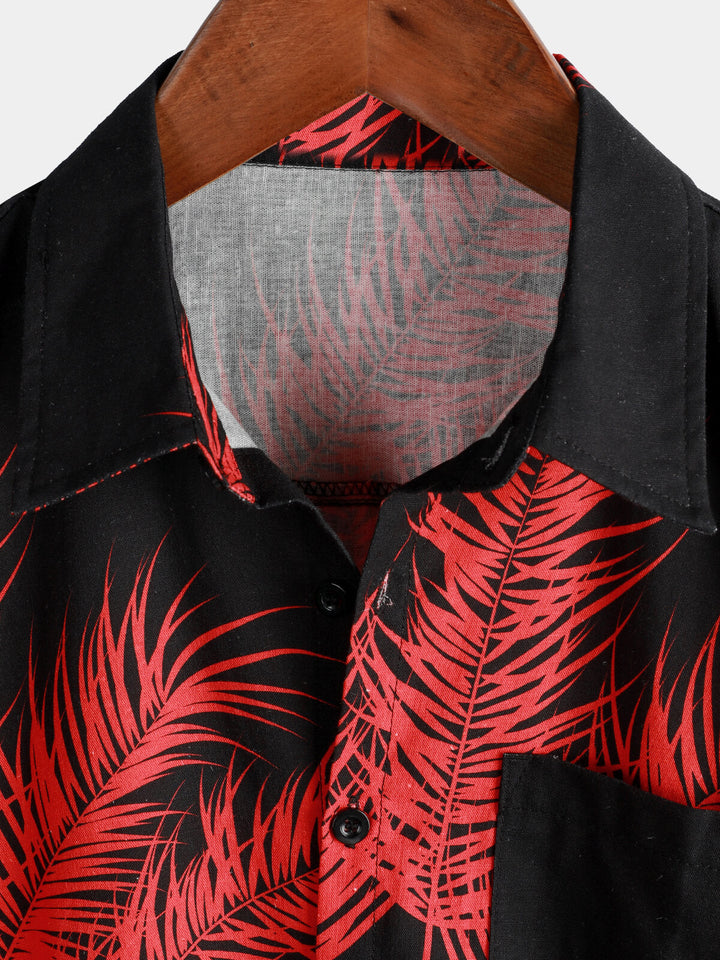 Chemise à manches courtes boutonnée en coton et lin imprimé feuilles de palmier hawaïennes pour hommes